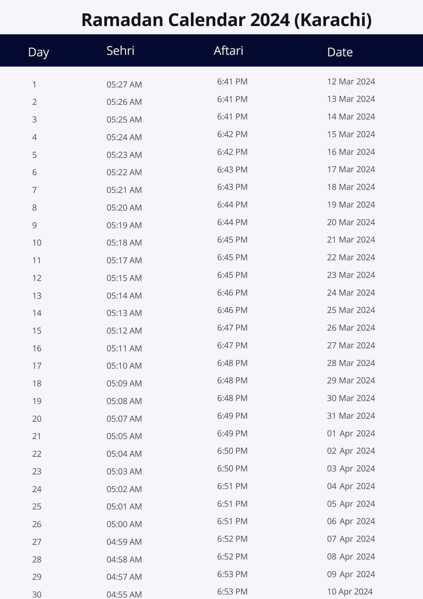 Ramadan Calender 2024 Karachi